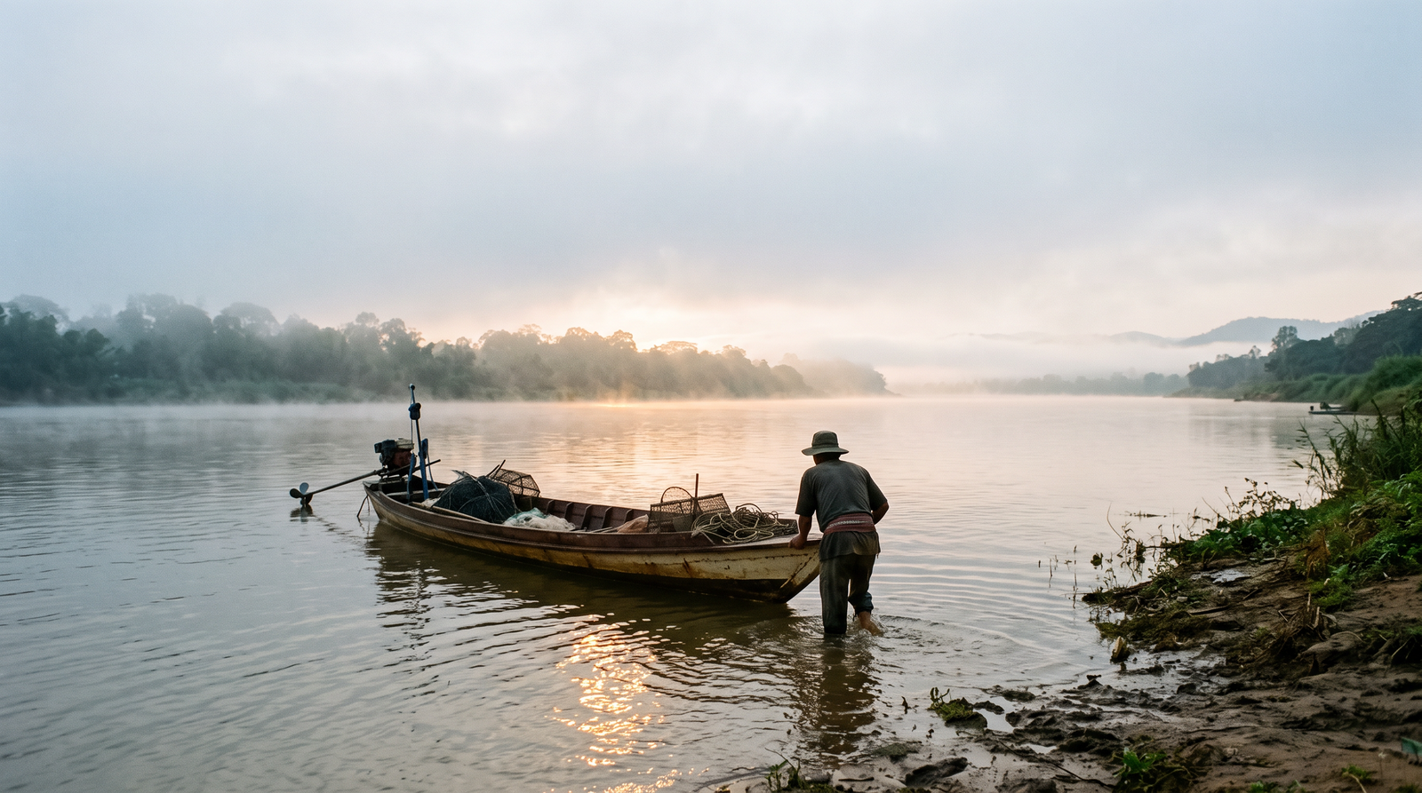 A boat being pushed out onto a misty river at dawn